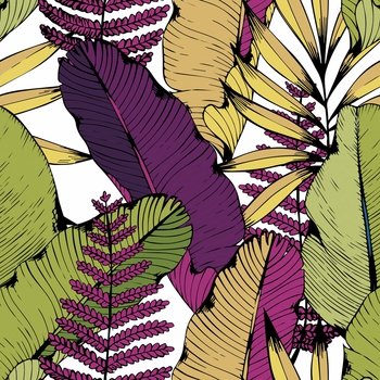Vector seamless pattern with tropical branches and leaves. Hand drawing. Decorative background for design of fabric, home textiles, clothes, accessories, wallpaper, covers, cases and packages. Vector seamless pattern with tropical branches and leaves. Hand drawing. Decorative background