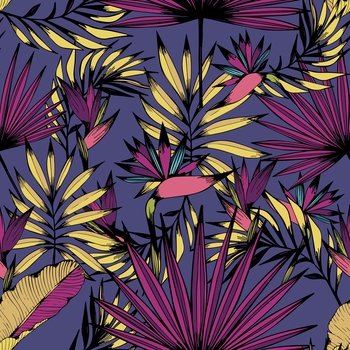 Vector seamless pattern with tropical flowers, leaves and branches. Decorative background for design and decoration of textiles, clothes, wallpapers, cases, covers, accessories and much more. Vector seamless pattern with tropical flowers, leaves and branches. Decorative background