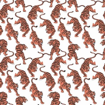 Vector seamless pattern with tigers. Hand drawing. Decorative background for design and decoration of fabric, home textiles, wallpapers, packages, covers and much more. Vector seamless pattern with tigers. Hand drawing. Decorative background for design and decoration