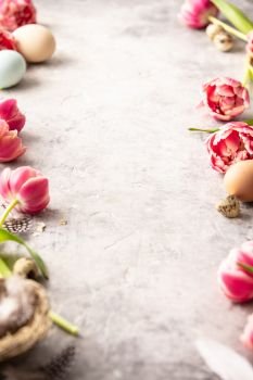 Spring flowers and Easter decorations on shabby chic background, Space for text