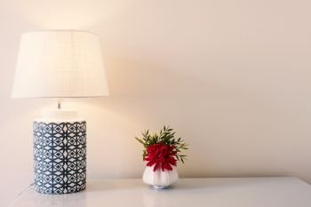 Old fashione table lamp and flower vase over white wall background. Old fashione table lamp and flower vase