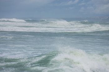 Detailed Atlantic stormy big wave, toned blue and enhanced sky