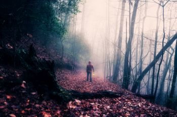 Man with a lantern in a dark foggy forest