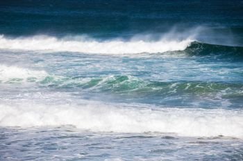 Blue ocean waves. Big waves at sunny day. Atlantic ocean, Florida, USA