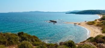 Summer sea coast top view (Mount Athos peninsula, Halkidiki, Greece).