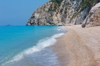Beautiful summer white Egremni beach on Ionian Sea view (Lefkada, Greece).