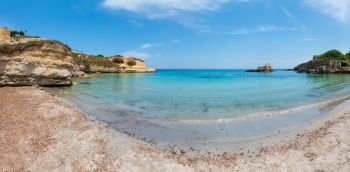Beach Torre Sant’Andrea and islet Scoglio the Tafaluro, Otranto region, Salento Adriatic sea coast, Puglia, Italy