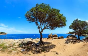 Mediterranean sea rocky coast summer panorama with pine trees, big stones and footpath (near Tamariu bay, Costa Brava, Catalonia, Spain).