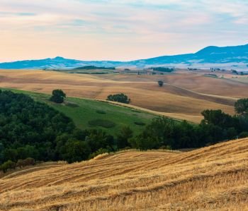 Beautiful landscape of Tuscany summer morning sunrise countryside in Italy. 
