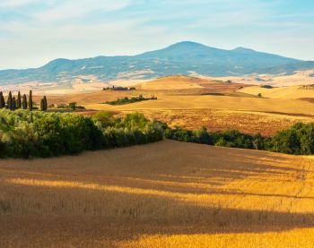 Beautiful landscape of Tuscany summer morning sunrise countryside in Italy. 