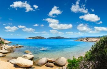 Beautiful summer Aegean Sea coast landscape, Sithonia (near Lagonisi beach), Halkidiki, Greece. Two shots stitch panorama.