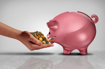 Concept of savings as a hand feeding money or coins to a hungry piggybank or piggy bank with 3D illustration elements.
