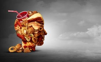 Junk food concept and eating unhealthy snacks psychology and fast food diet psychology as greasy fried restaurant take out as a symbol of overeating and temptation as unhealthy nutrition with 3D illustration elements.
