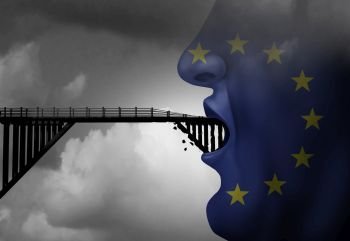 Europe immigration ban concept showing european with a closed mouth blocking a bridge as a traveling restriction metaphor for Euro travel and restrictive migration policy with 3D illustration elements.