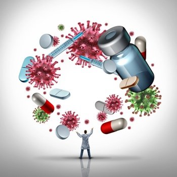Managing vaccine treatment and virus vaccination or flu and coronavirus medical management as a disease control with a doctor juggling contagious pathogen cells as a health care therapy with 3D illustration elements.