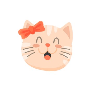 Happy kitty girl with bow on head isolated cute pink kitten portrait. Vector female cat with open mouth, pleased feline animal home pet. Happy emoticon, cat in good mood, kitten snout emoji sticker. Kitten girl with bow on head isolated pleased cat