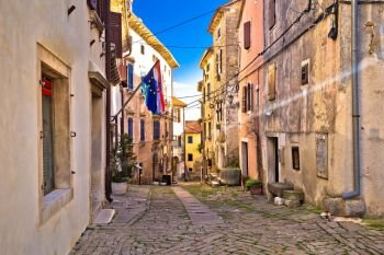 Groznjan cobbled street and old architecture view, Istria region of Croatia