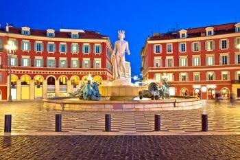 City of Nice Place Massena square and Fountain du Soleil evening view, tourist destination of Franch riviera, Alpes Maritimes department of France