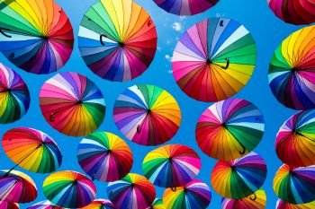 Many colorful umbrellas. Rainbow gay pride protection