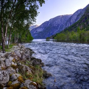 Early morning.The Bjoreio, also known as the Bjoreia, is a river in the municipality of Eidfjord in Hordaland, Norway
