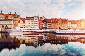Building facades of Old Town in Gdansk and Motlawa river. Poland. Travel.. Building facades of Old Town in Gdansk and Motlawa river.