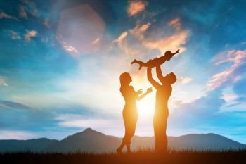 Happy family together outside at sunset, father lifting the baby up. Parenting. 3D illustration.. Happy family together outside at sunset