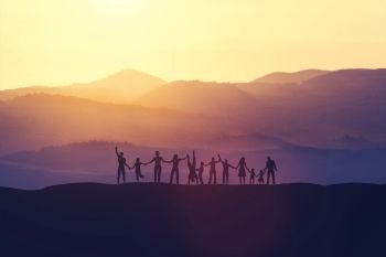 Group of happy people holding hands, standing on the hill. Unity and community concept. 3D illustration.. Group of happy people at sunset