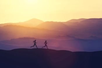 Man and woman running on a hill in the country during sunset. Sporty lifestyle. 3D illustration.. Man and woman running on a hill in the country