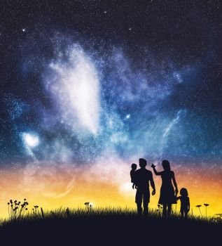 Parents with their children on a night sky. Silhouettes on field. Happy family.. Parents with their children on a night sky.