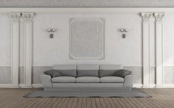 White Living room with gray sofa in classic style and Corinthian pilaster on wall- 3d rendering. Living room with gray sofa in classic style - 3d rendering