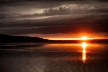 Storm Clouds Saskatchewan Sunset Reflection Saskatchewan Lake orange