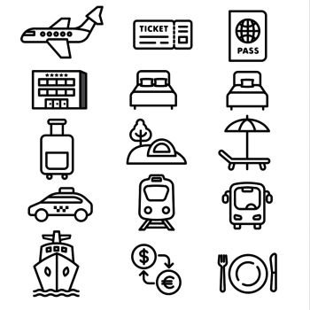 set of black white travel concept icons of resort, cruise and transport. travel icons monochrome