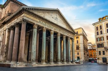 Ancient Pantheon in Rome at cloudy sunrise, Italy