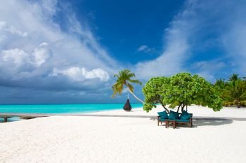 Maldives beach resort panoramic landscape. Summer vacation travel holiday background concept. Maldives paradise beach.