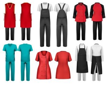 Set of overalls with worker and shefcooks and medical clothes. Design template. Vector illustration. 