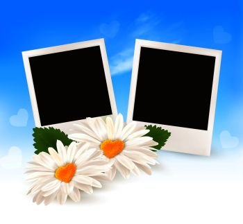 Two daisies with heart shaped middles and photos. Happy Valentine’s Day background. Vector.