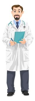 Male Doctor, with Stethoscope and Medical Chart and Pen, vector illustration