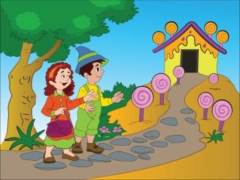 Hansel and Gretel Finding a Gingerbread House, vector illustration