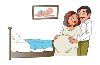 Vector illustration of man touching the belly of his pregnant wife, photo frame of a baby in the background.