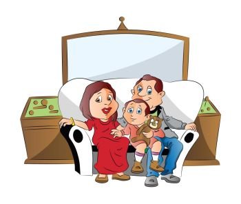 Vector illustration of a family sitting with shocked expression while watching television.
