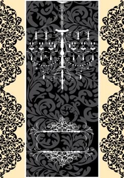 Vintage invitation card with ornate elegant abstract floral design, white chandelier on black. Vector illustration.