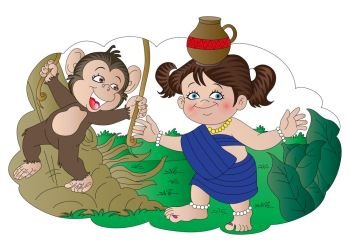 Vector illustration of monkey laughing at village girl carrying pot on her head.