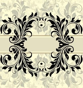 Vintage invitation card with ornate elegant abstract floral design, black on flesh and gray with ribbon. Vector illustration.