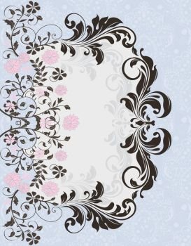 Vintage invitation card with ornate elegant abstract floral design, pink flowers on pale blue and gray. Vector illustration.