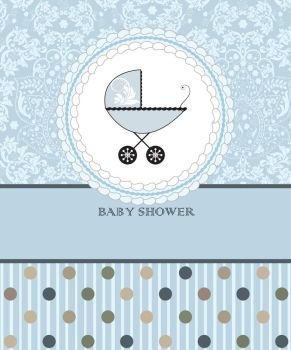 Vintage baby shower invitation card with ornate elegant retro abstract floral design, blue with baby carriage on cake and polka dots. Vector illustration.