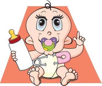 Baby, in Cloth Diaper with Safety Pin, with Pacifier and Milk Bottle, Sitting on a Mat, vector illustration