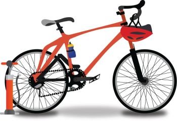 Racing Bicycle, Red and Black, with Tire Pump, Helmet, and Water Bottle, vector illustration