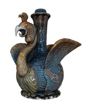 Chines ornate bird with wings ceramic or porcelain vase, with cracked paint, isolated against a white background.
