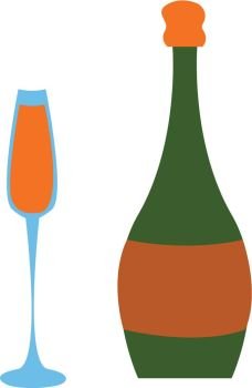 Full champagne glass and green champagne bottle vector illustration on white background.