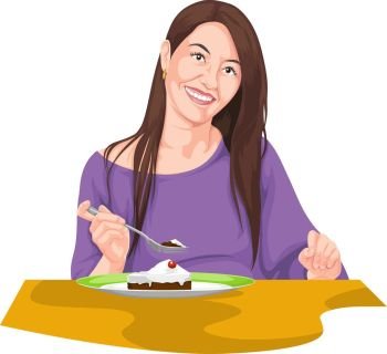 Vector illustration of woman eating using fork.